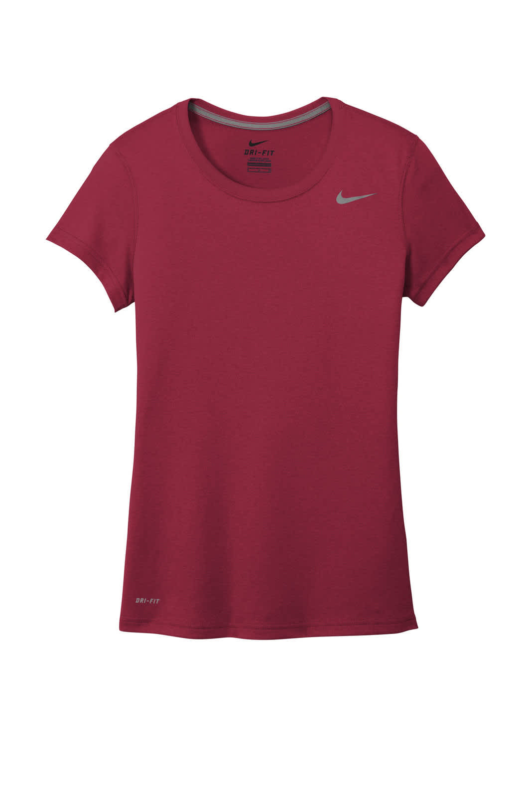 A red Nike ladies' T-shirt with a short sleeve design and a logo on the chest.