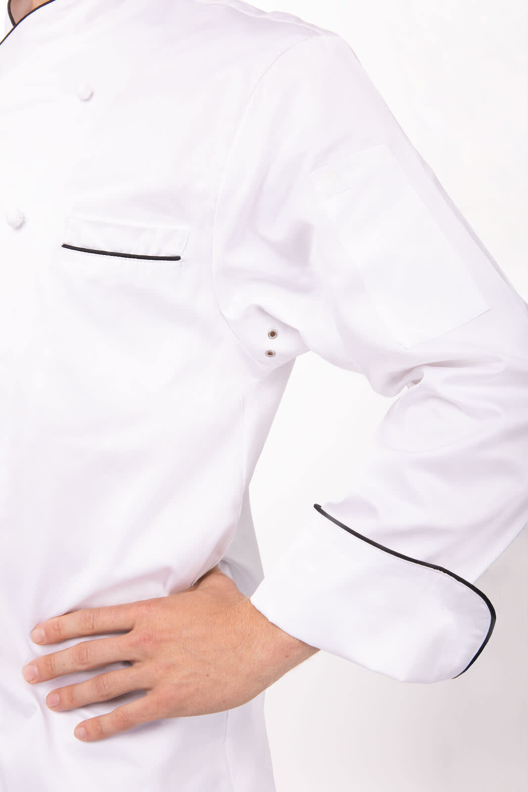 A white chef jacket with black piping, featuring a pocket and a double-breasted design.
