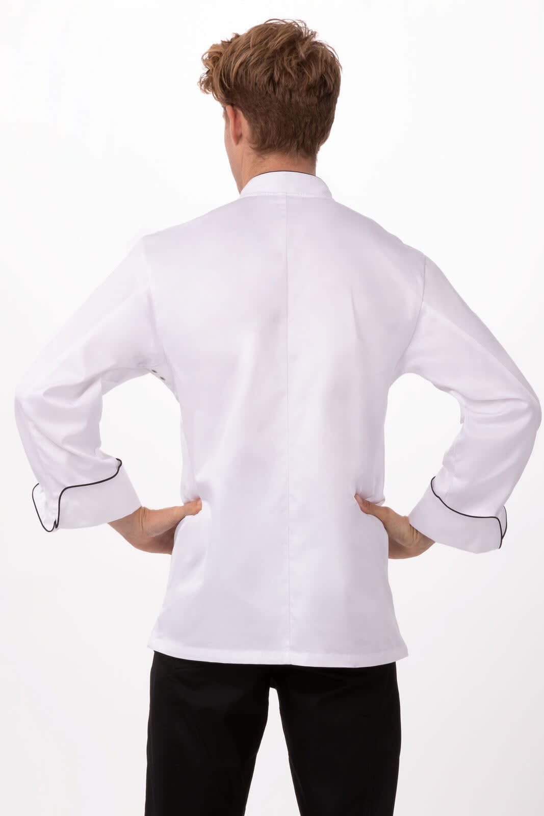 A white chef jacket featuring black piping, displayed from the back, with long sleeves and a traditional collar.