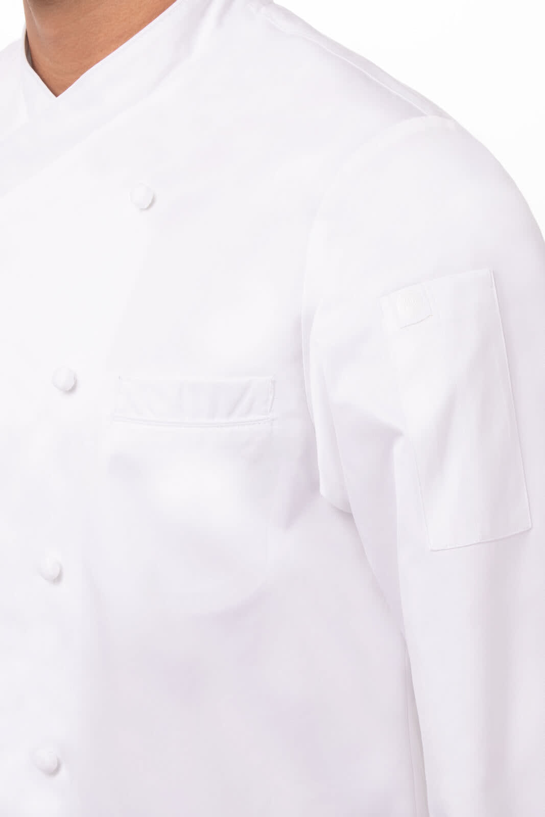 A white chef jacket with a buttoned front and a pocket on the left chest, featuring a logo on the sleeve.