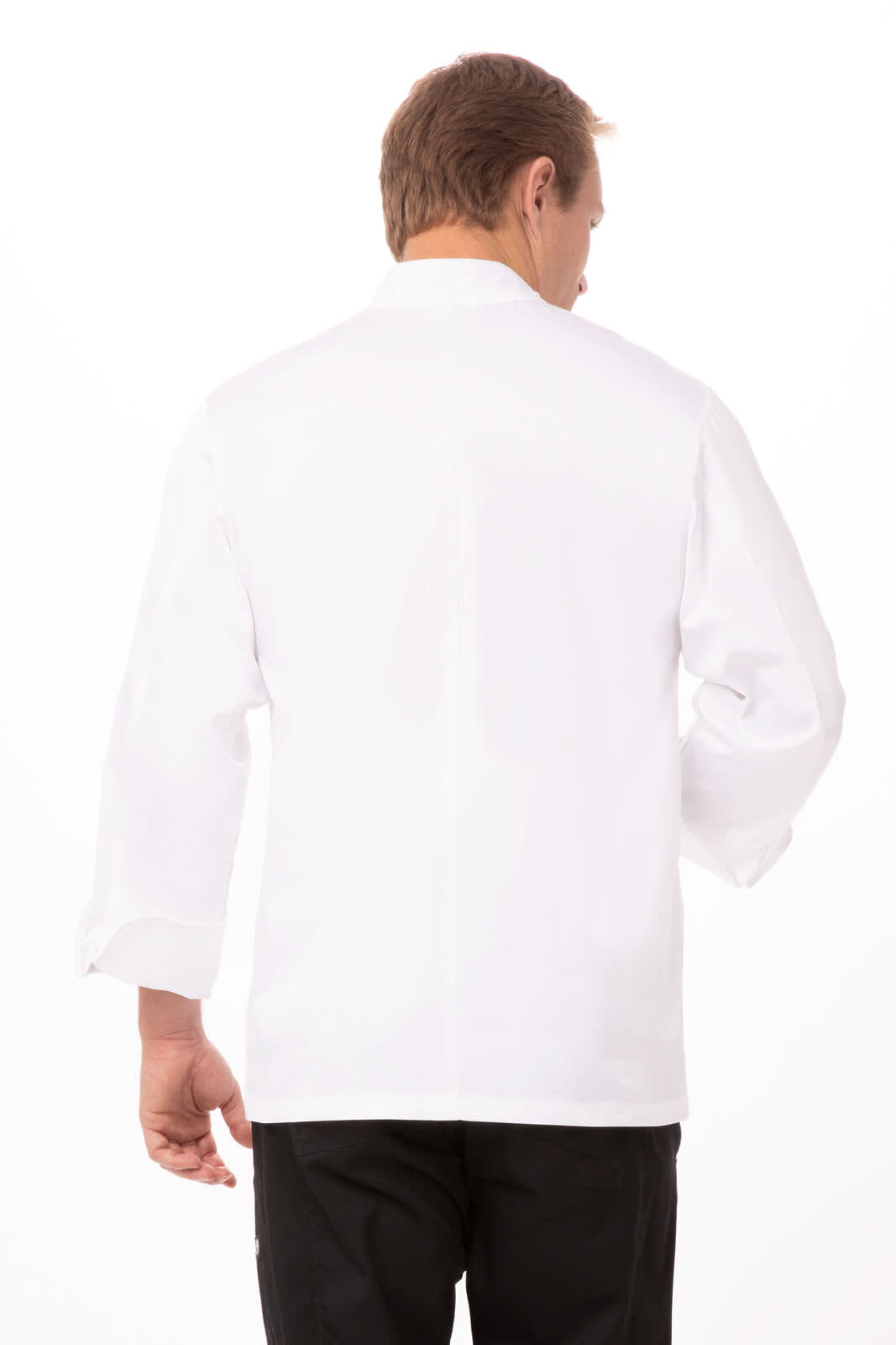 A premium white chef jacket with long sleeves and a classic collar, featuring a logo on the back.