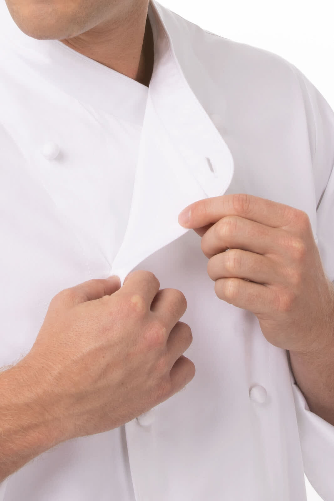 A white premium cotton chef jacket with a button-up front, featuring a logo and a stylish collar.