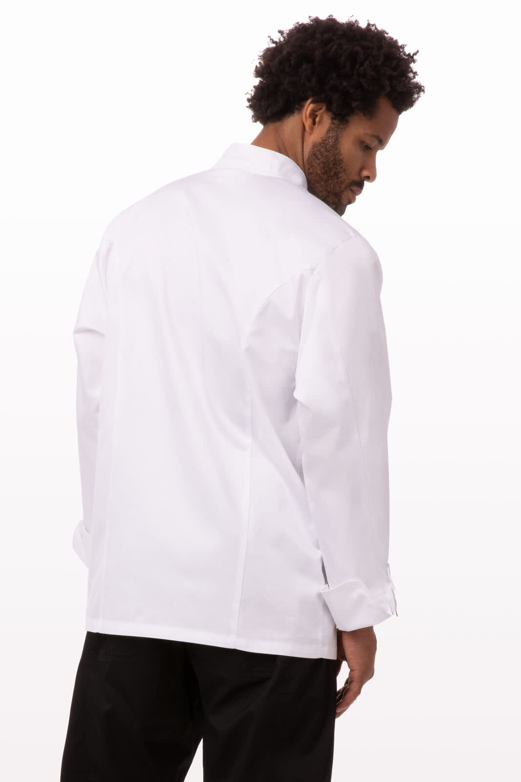 A white premium cotton chef jacket designed for men, featuring long sleeves and a classic collar.
