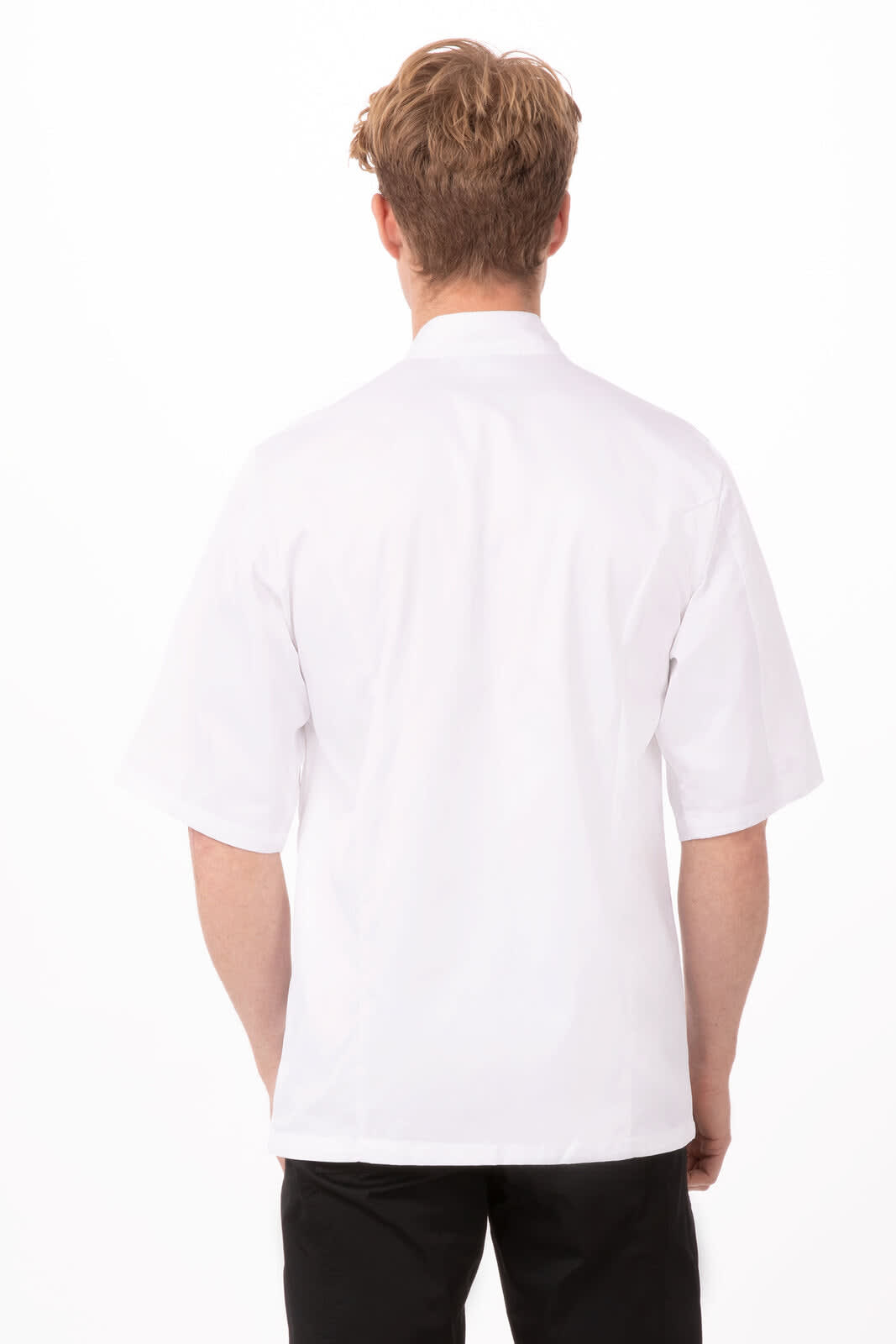 A chef jacket in white, featuring short sleeves and a classic collar. The back view shows a simple design with a logo.