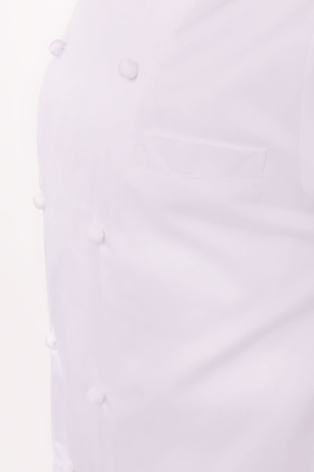 A white chef jacket featuring buttons and a pocket, designed for professional kitchen use.