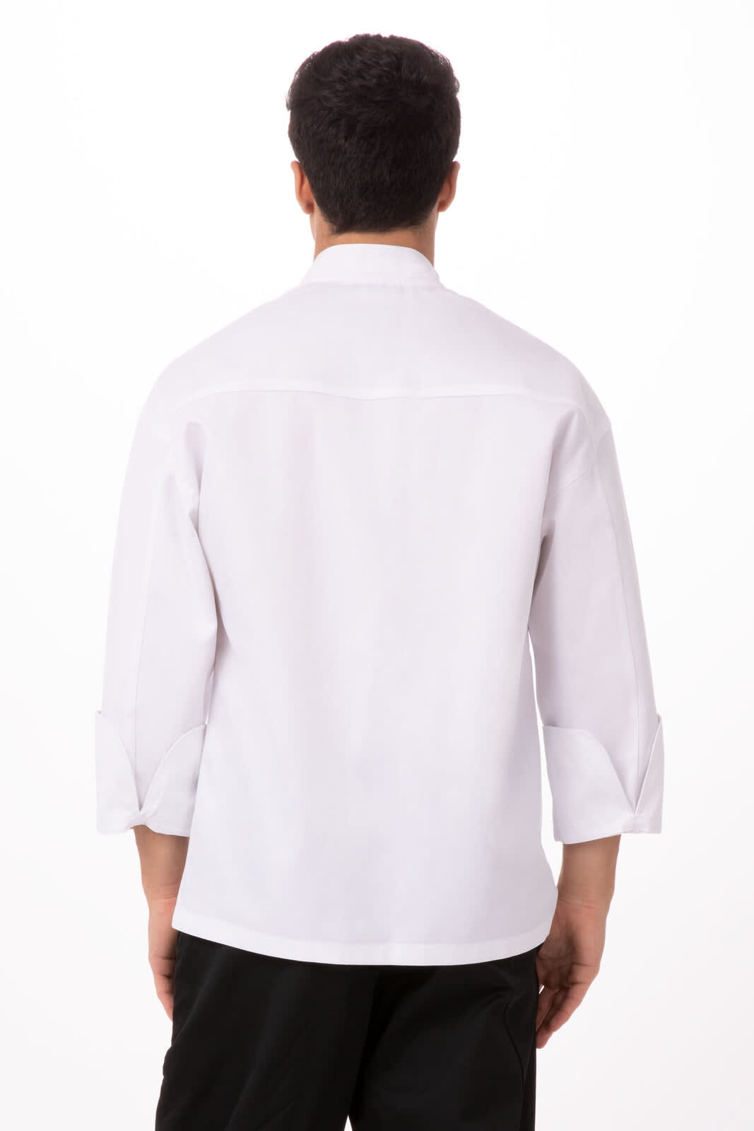 A white chef jacket with three-quarter sleeves, featuring a simple design and a logo on the back.