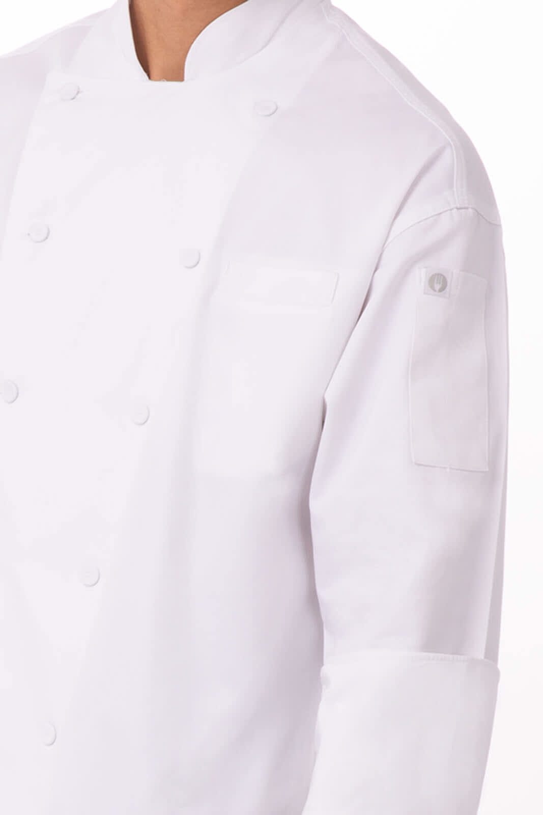 A white chef jacket with double-breasted design and a sleeve pocket, featuring a logo on the sleeve.
