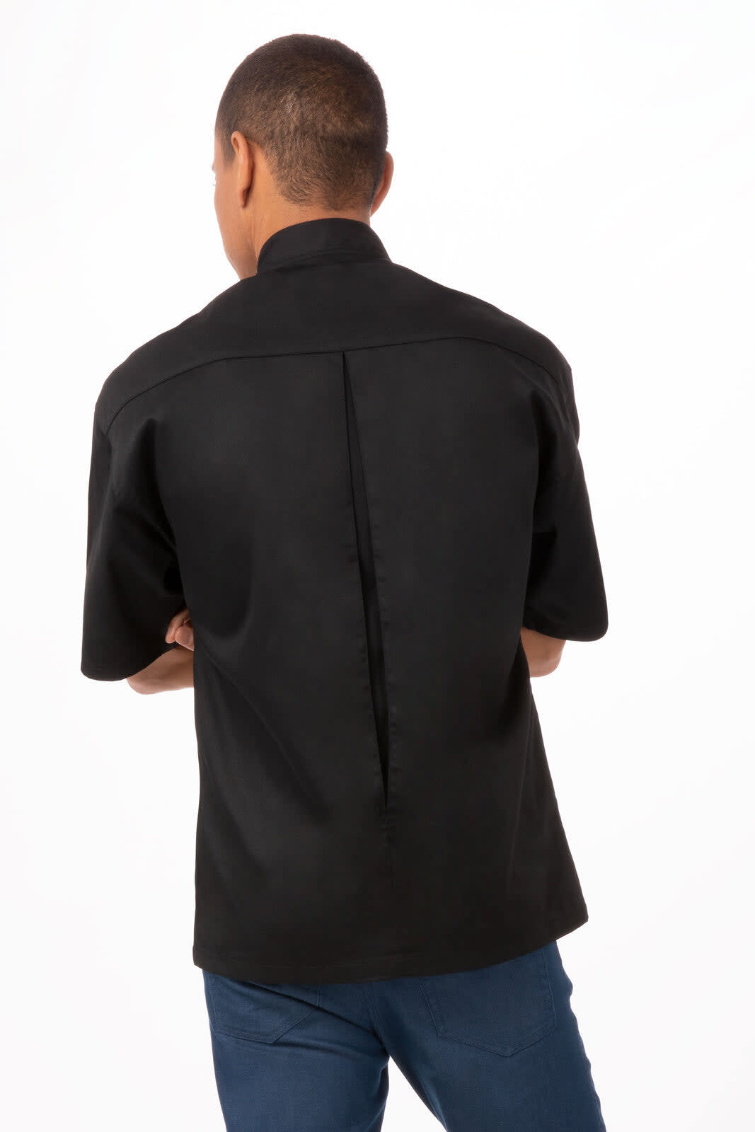 A black Palermo Executive Chef Jacket featuring a short sleeve design and a back vent detail.