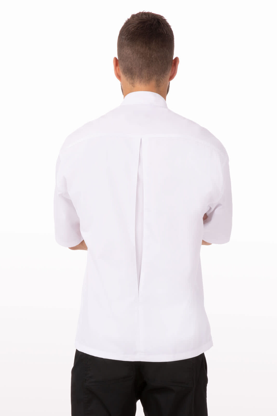 A white chef's jacket with short sleeves and a back vent, featuring a logo on the back.
