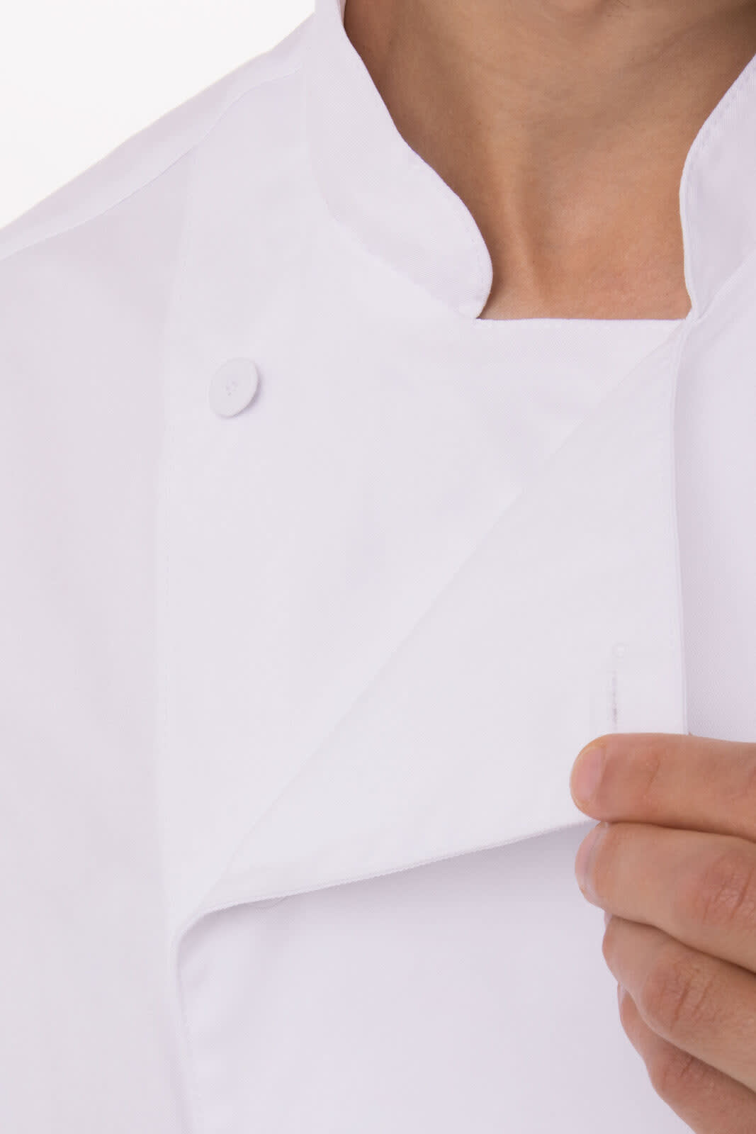 A white chef jacket featuring a classic design and a button closure, with a close-up view of the collar area.