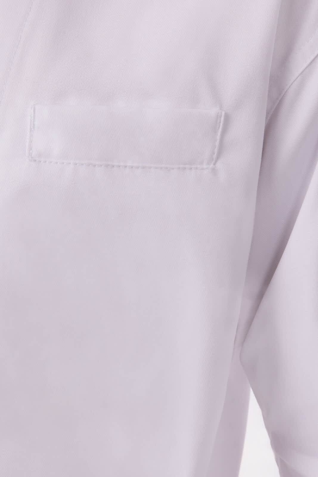 A white chef jacket featuring a chest pocket and a clean, professional design. It has a logo on the fabric.