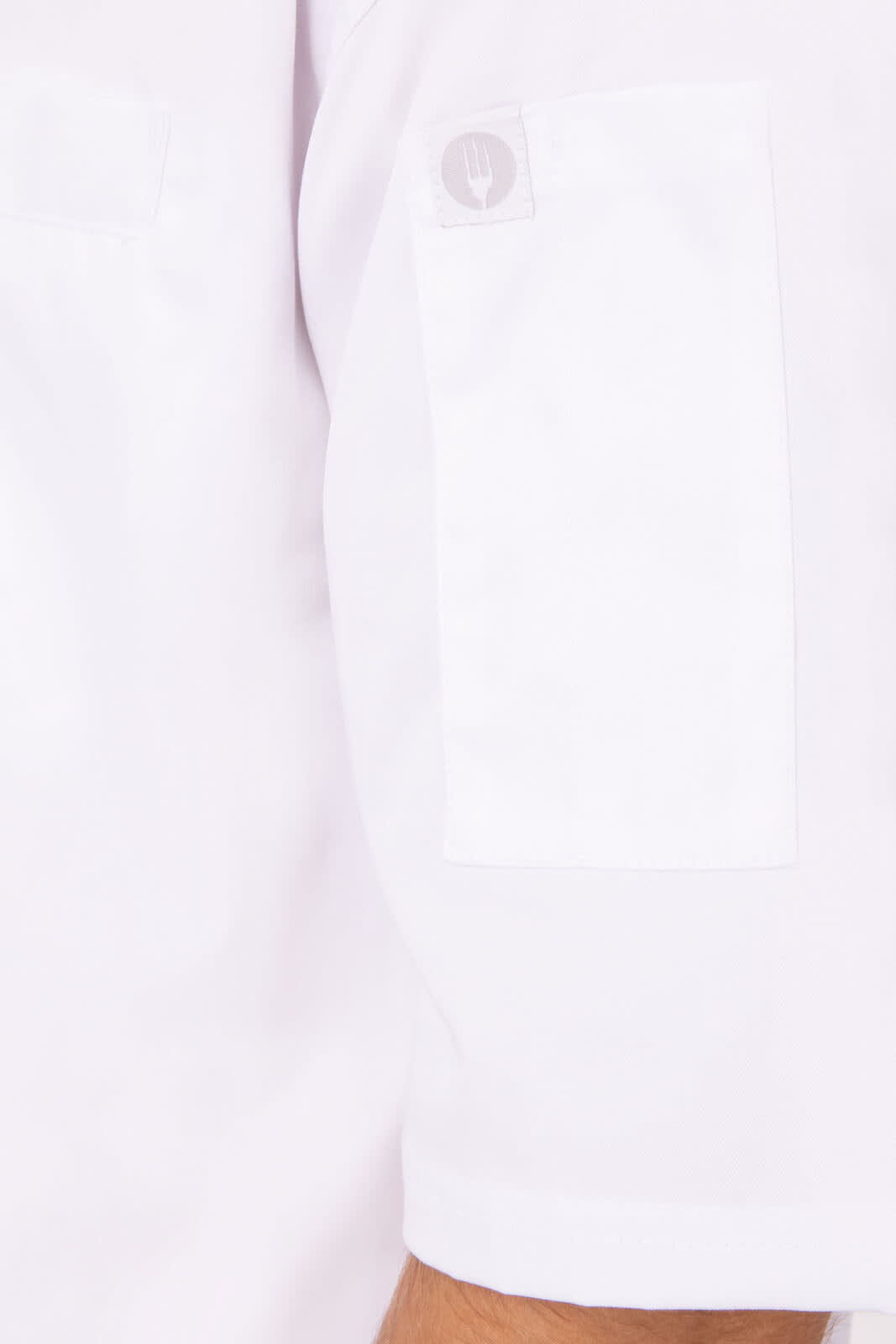 A white Palermo Executive Chef Jacket featuring a pocket and a logo on the sleeve.