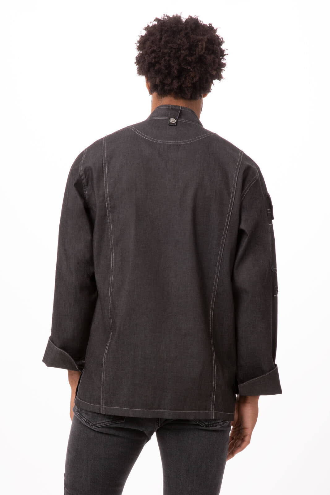 A men's denim chef jacket in black, featuring a stylish design and detailed stitching, with a logo on the sleeve.