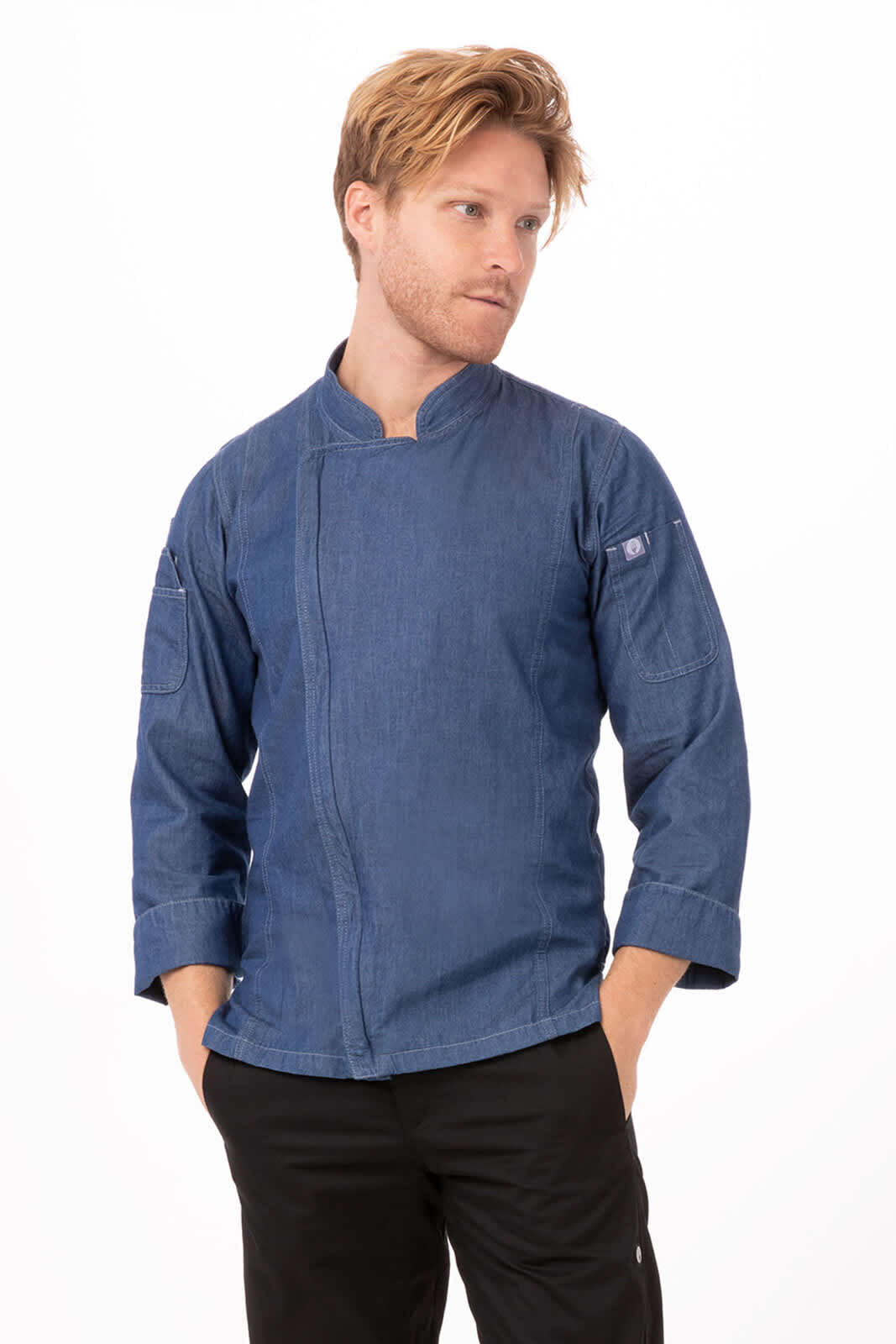 A denim chef jacket for men, featuring a blue colour and long sleeves, with a branding logo on the arm.