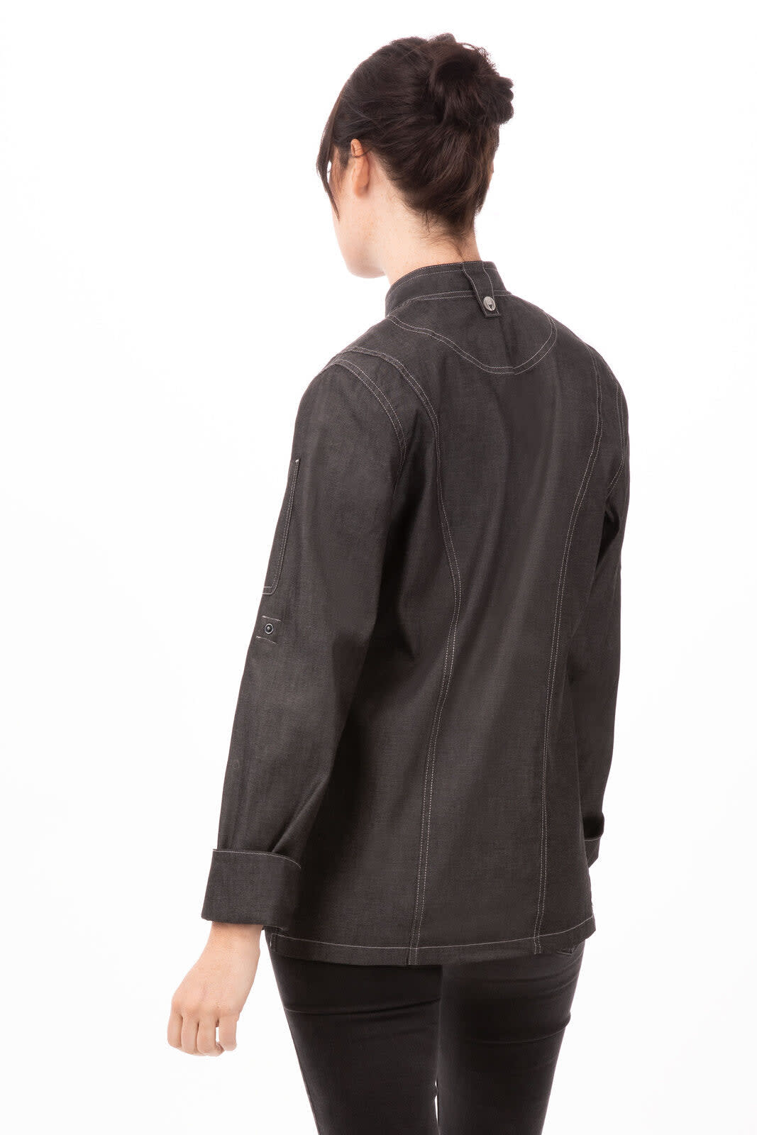 A black women's denim chef jacket with a stylish design, featuring a back view and tailored detailing.