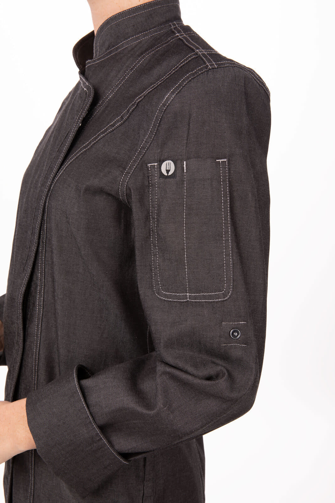 A black women's denim chef jacket featuring a stand-up collar and a stylish pocket on the sleeve.