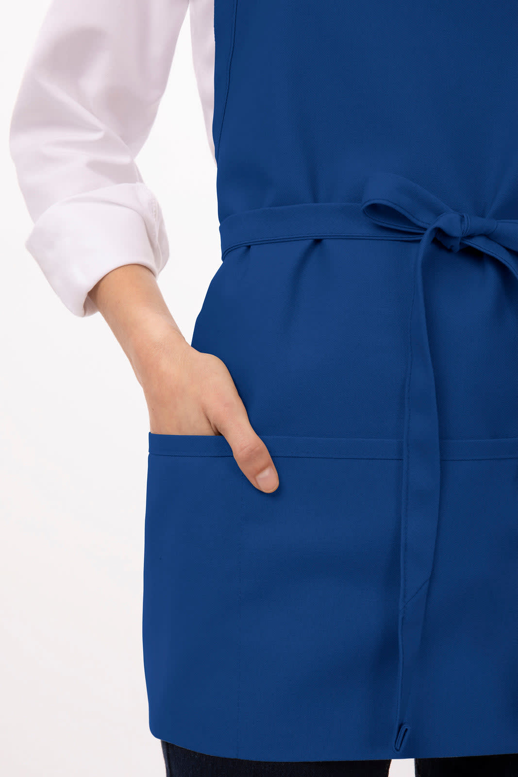 A blue three-pocket apron with a tie waist and hand in one of the pockets, featuring a logo.
