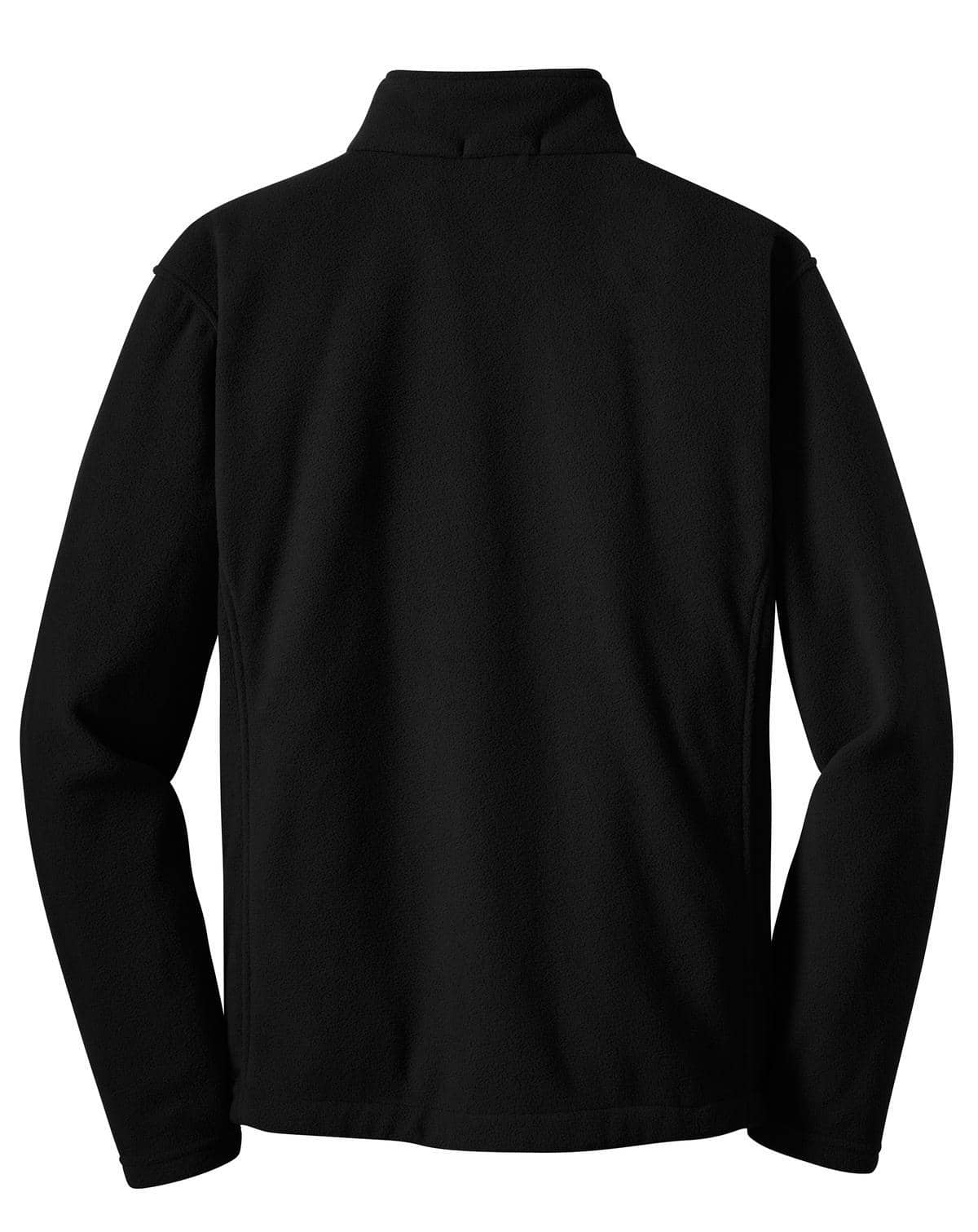 A black fleece jacket featuring a high collar and long sleeves, with a logo on the back.