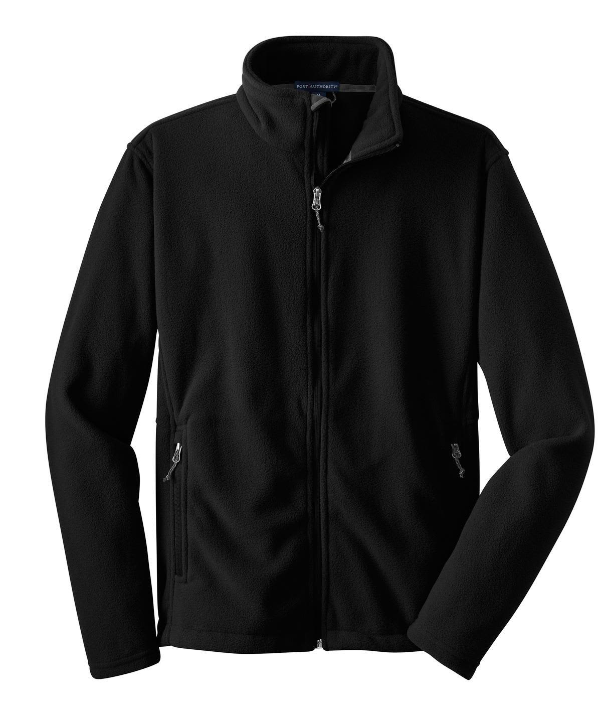 A black fleece jacket featuring a zip front and side pockets, with a logo on one side.