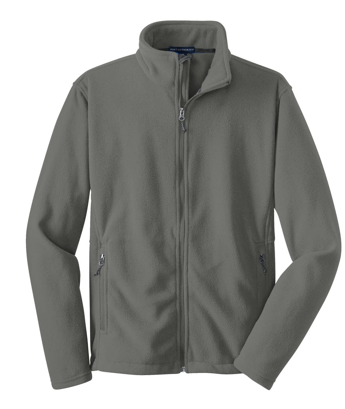 A grey fleece jacket featuring a full zip and two side pockets, and it has a logo on it.