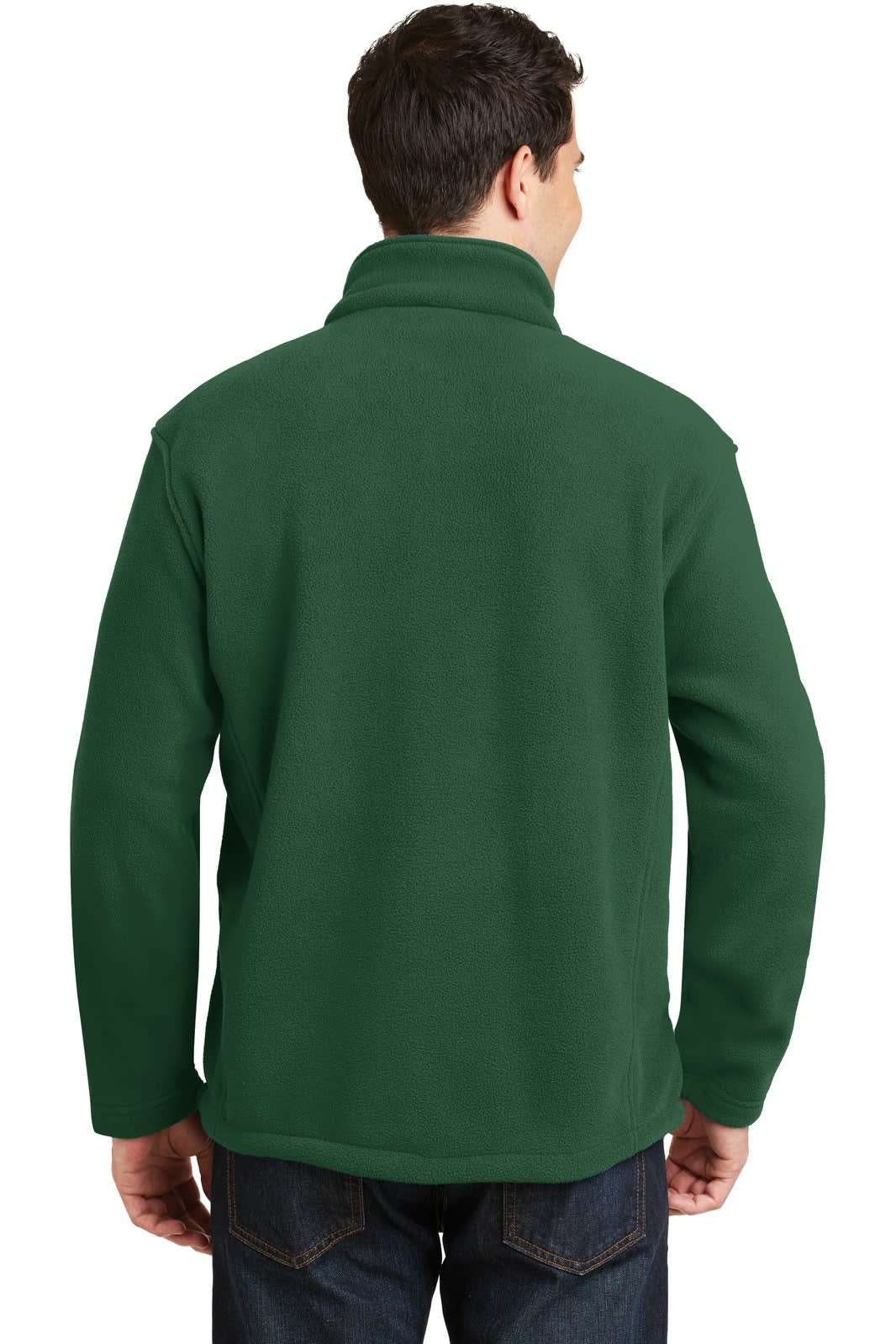 A man wearing a green fleece jacket, showcasing the back view and collar design. The jacket has a logo.