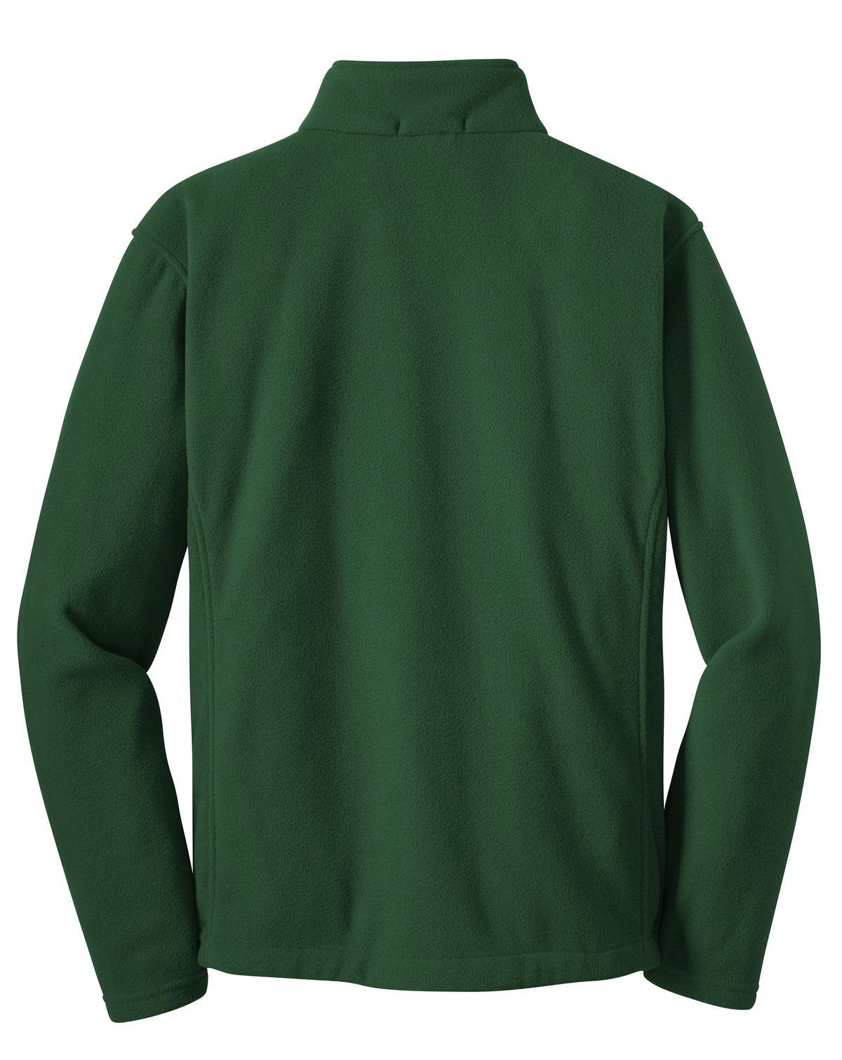 A green fleece jacket with a collar and long sleeves, featuring a logo on the back.