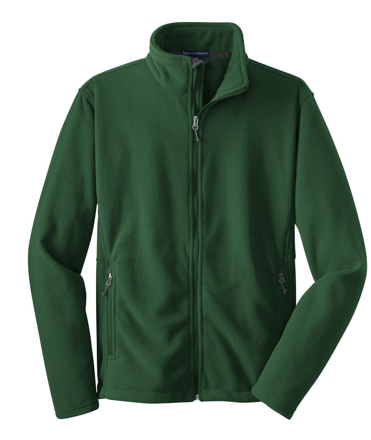 A green fleece jacket with a zip-up front and two side pockets, featuring a logo on the chest.