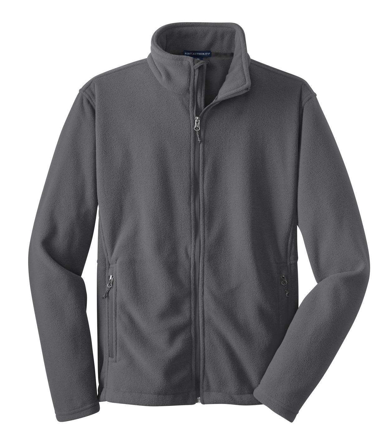 A grey fleece jacket with a full zip front and two side pockets, featuring a logo on the chest.