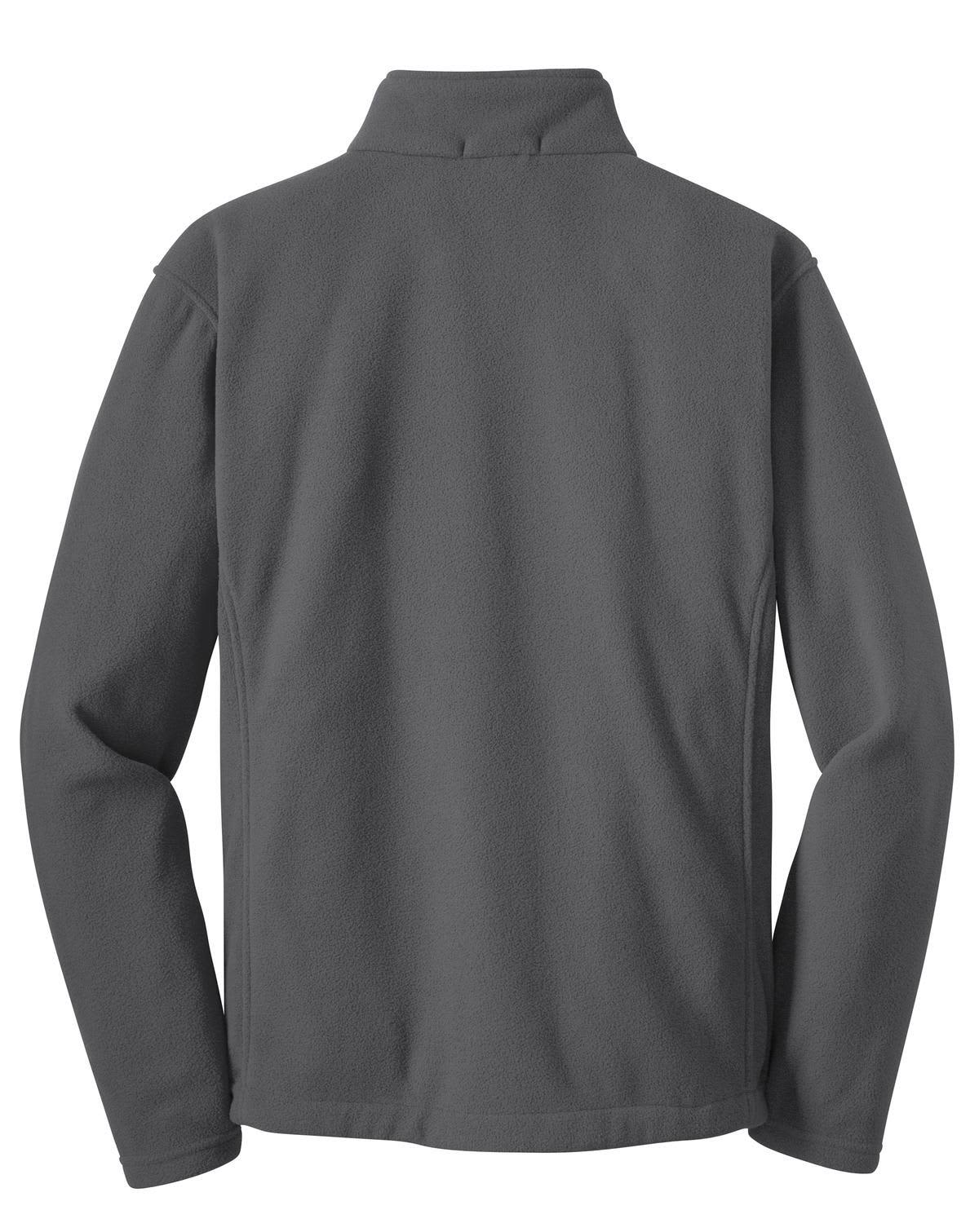 A grey fleece jacket with a high collar, featuring long sleeves and a back view, includes a logo.