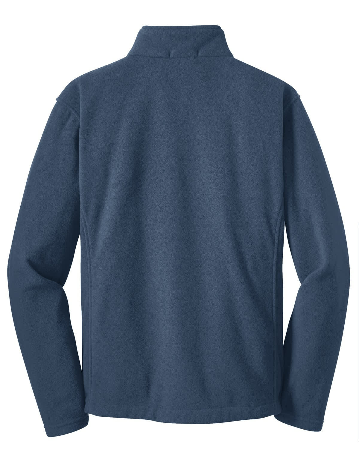 A navy fleece jacket with a high collar and long sleeves, featuring a logo on the back.
