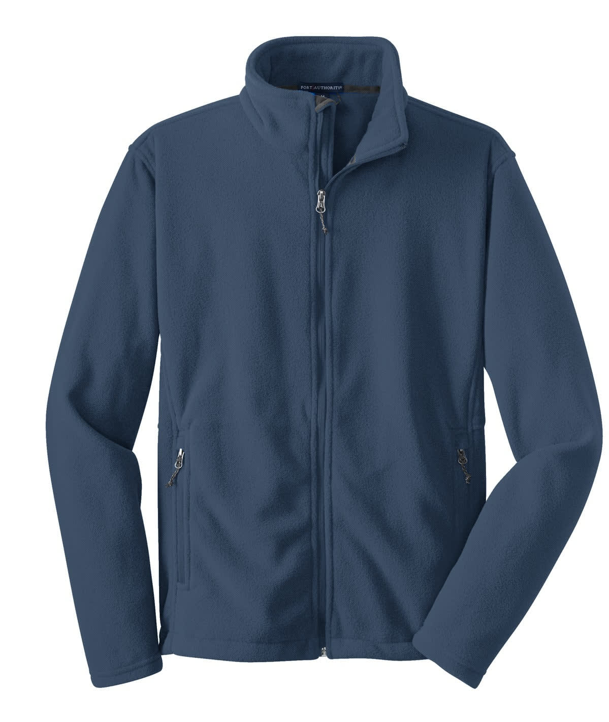 A navy fleece jacket featuring a zippered front and side pockets, with a logo on the chest area.