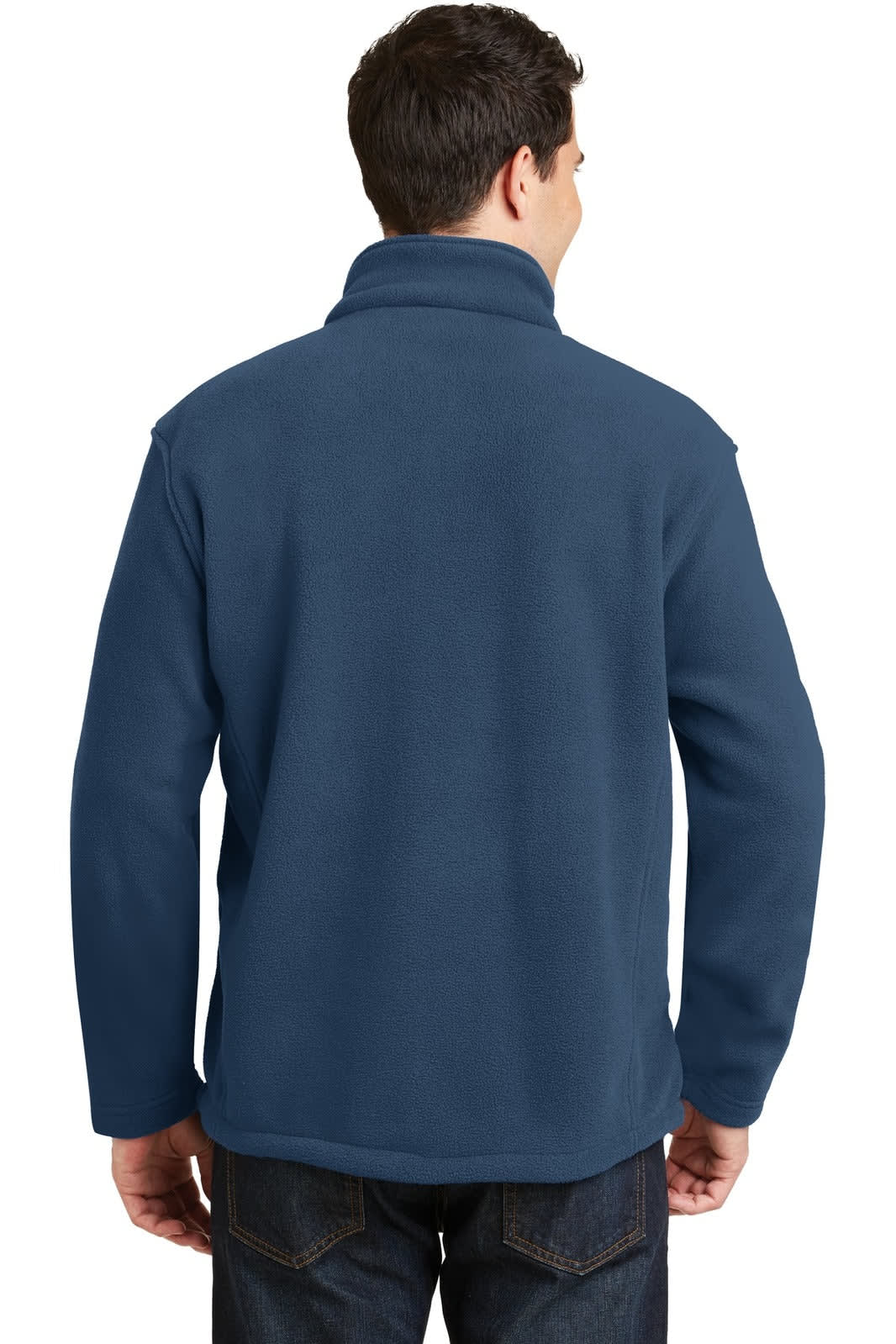 A man wearing a blue fleece jacket, featuring a high collar and a smooth texture, with a logo on the back.