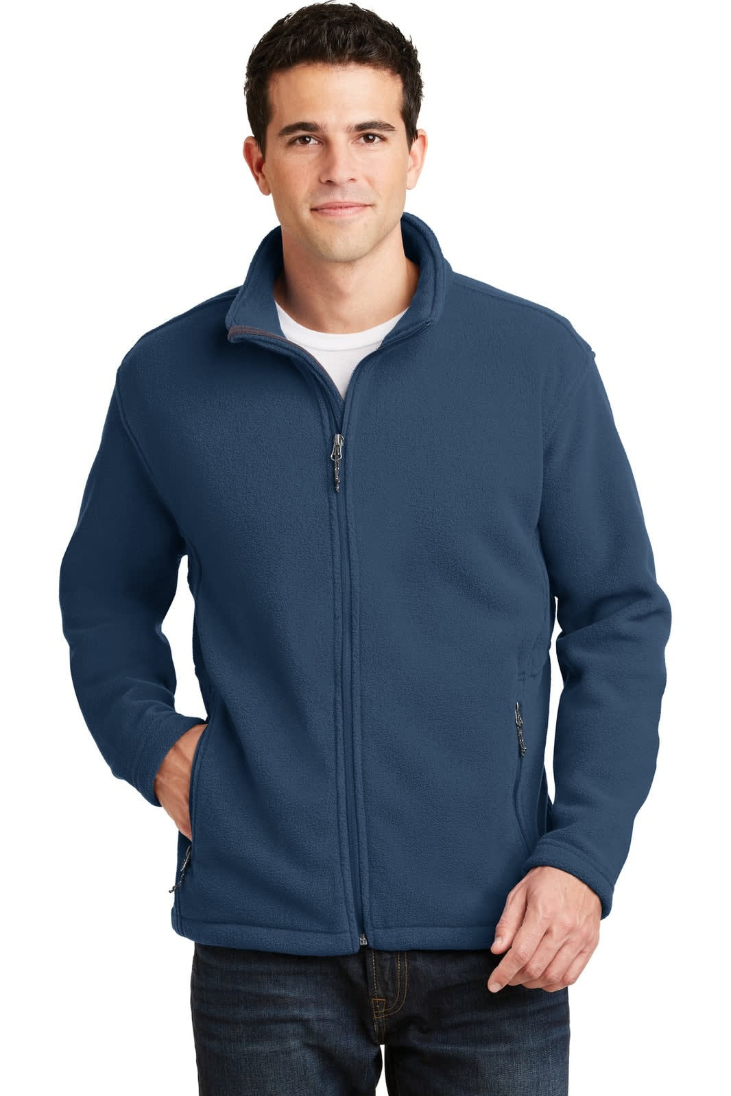 A navy fleece jacket featuring a zip front and two side pockets, worn by a man. It has a logo on the chest.