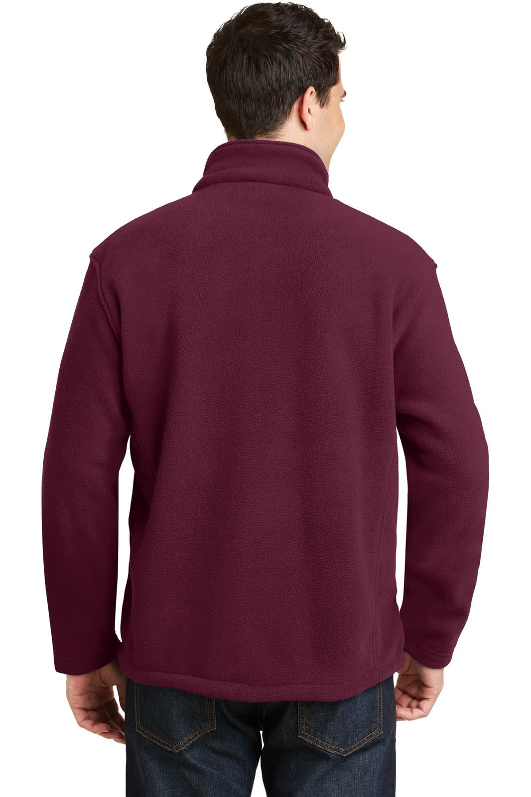 A maroon fleece jacket with a high collar, featuring a logo on the back, modelled by a person facing away.