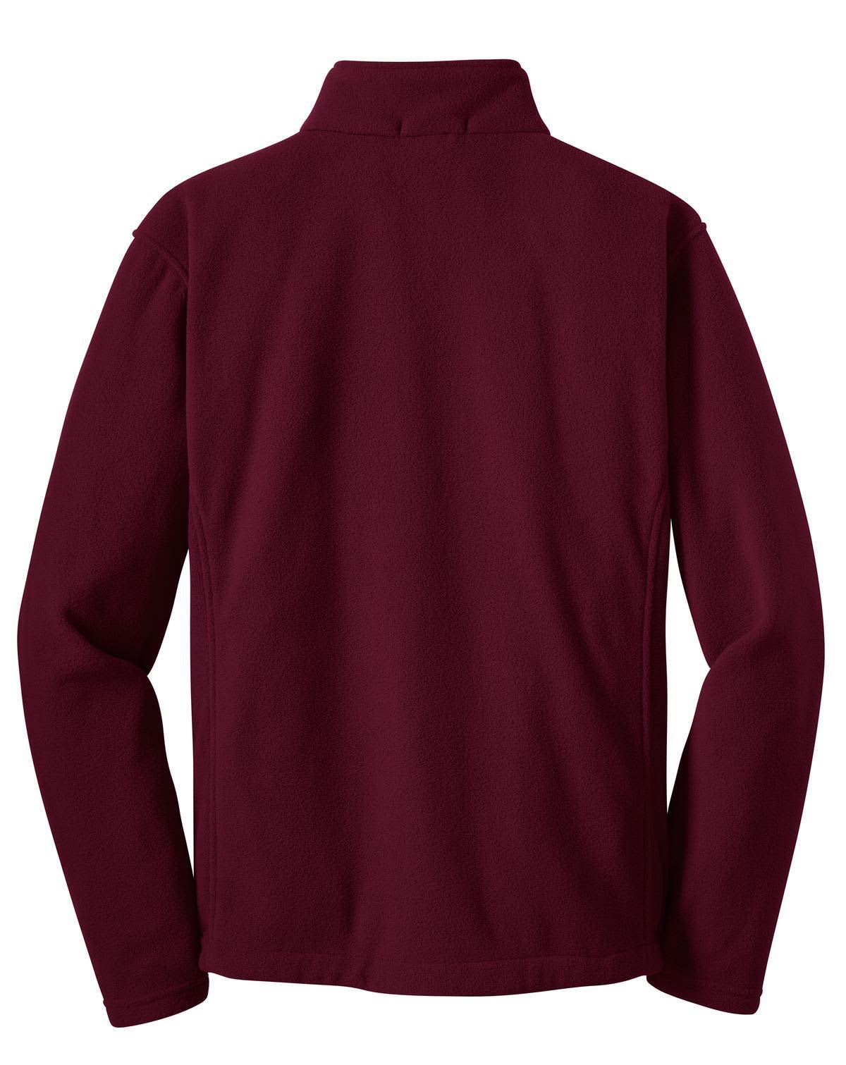 A maroon fleece jacket with a high collar and long sleeves, featuring a logo on the back.