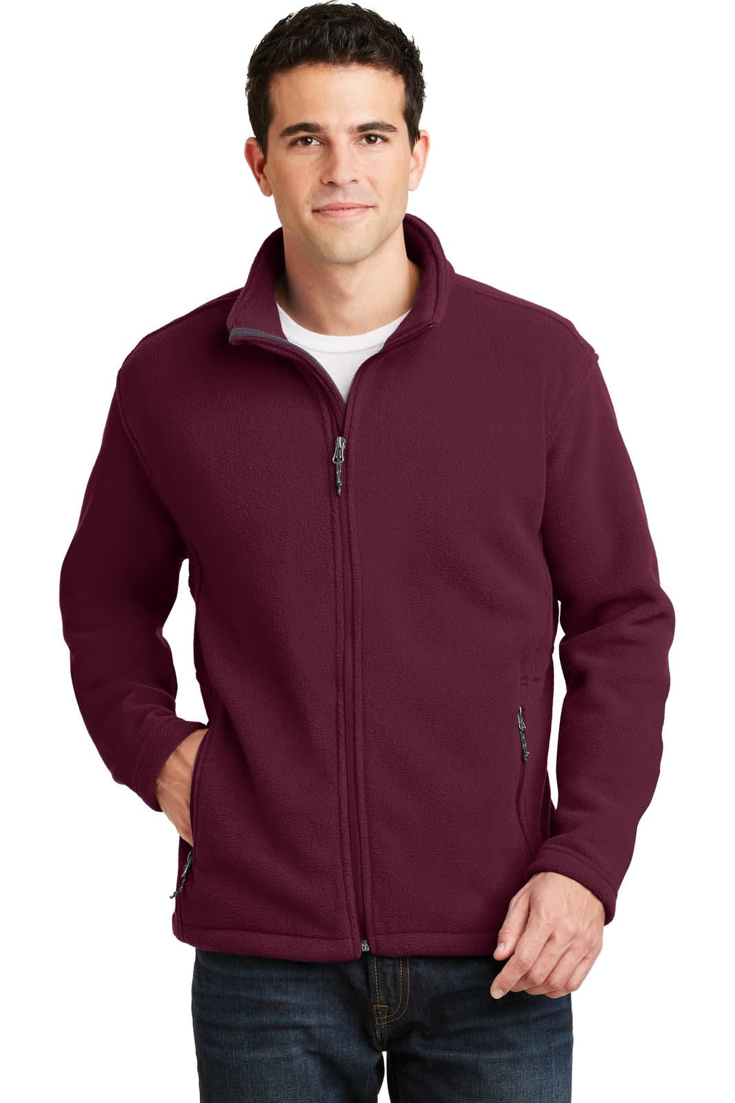A maroon fleece jacket with a zippered front and side pockets, featuring a logo on the chest.