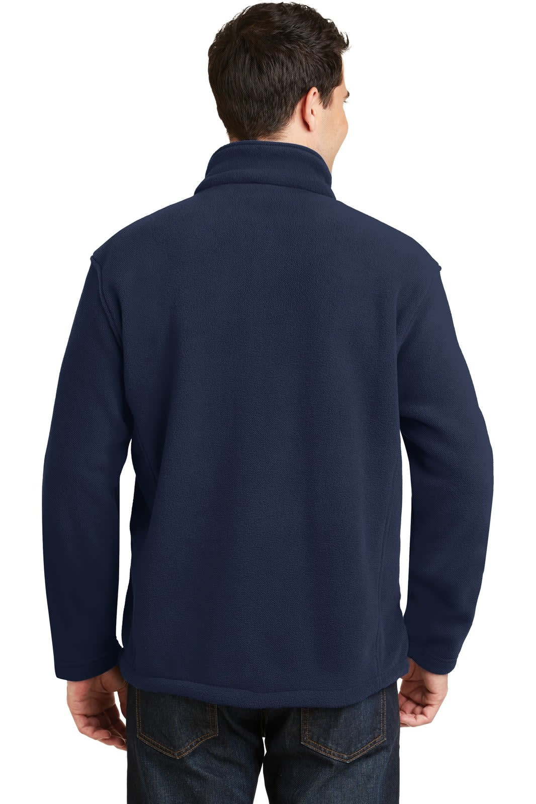 A navy fleece jacket with a high collar and long sleeves, featuring minimal design details.