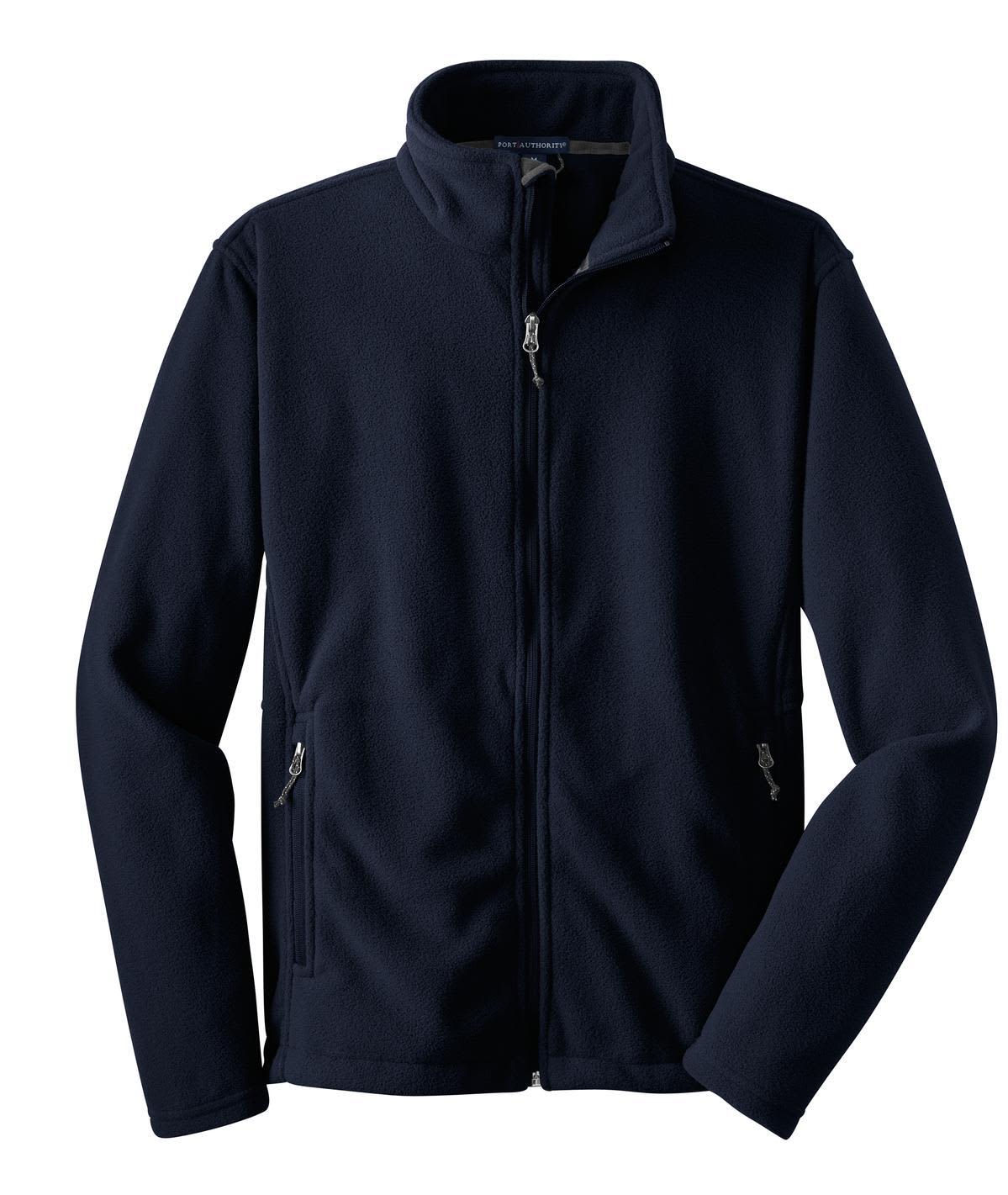 A navy fleece jacket with a full zip, featuring side pockets and a collar, includes a logo on the chest.