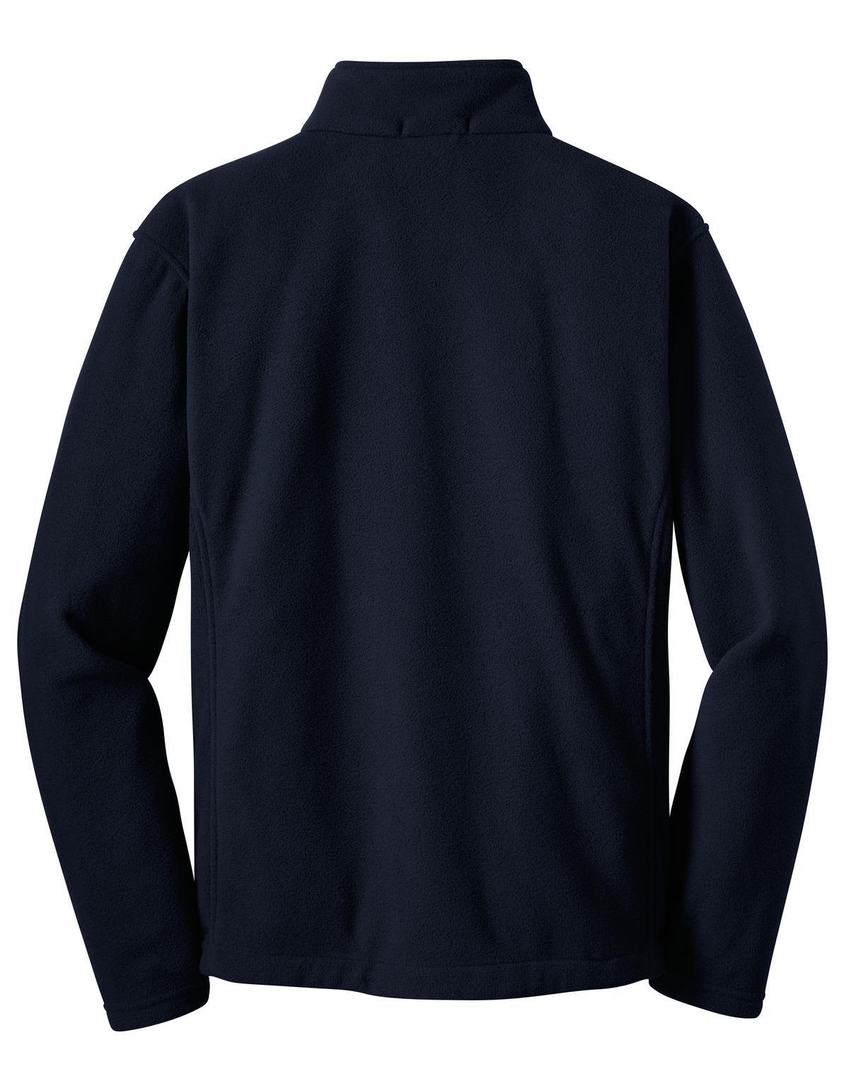 A dark navy fleece jacket with long sleeves and a high collar, featuring a logo on the back.