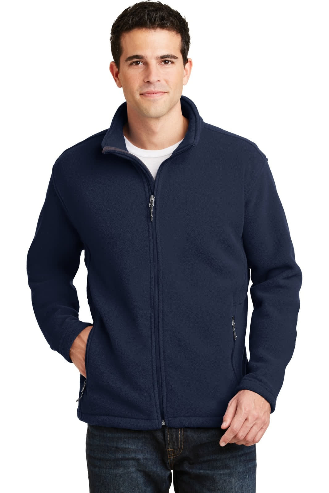 A navy fleece jacket with a zip front, featuring a stand-up collar and a logo. Suitable for casual wear.