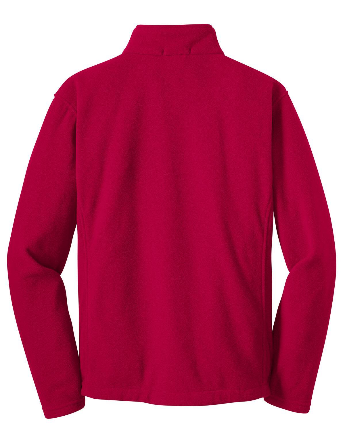 A red fleece jacket with a high collar, featuring long sleeves and a simple, sleek design. It has a logo on the back.