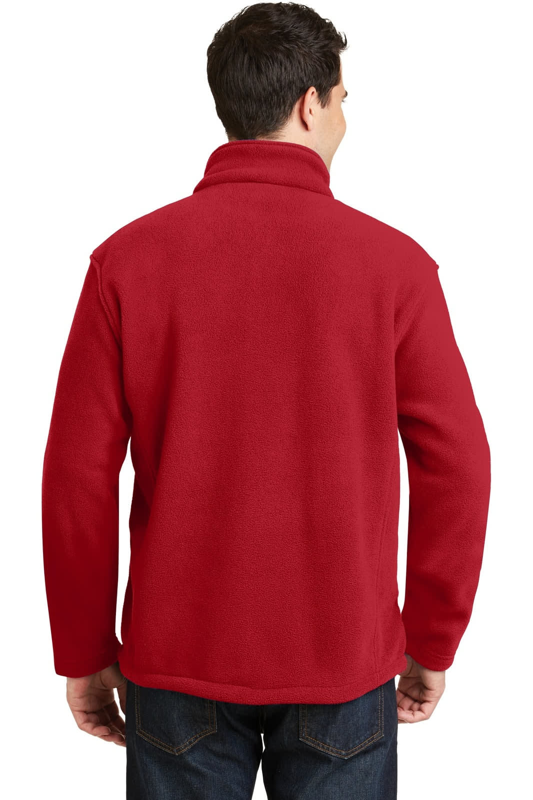 A red fleece jacket featuring a high collar, shown from the back on a model. Includes a logo.