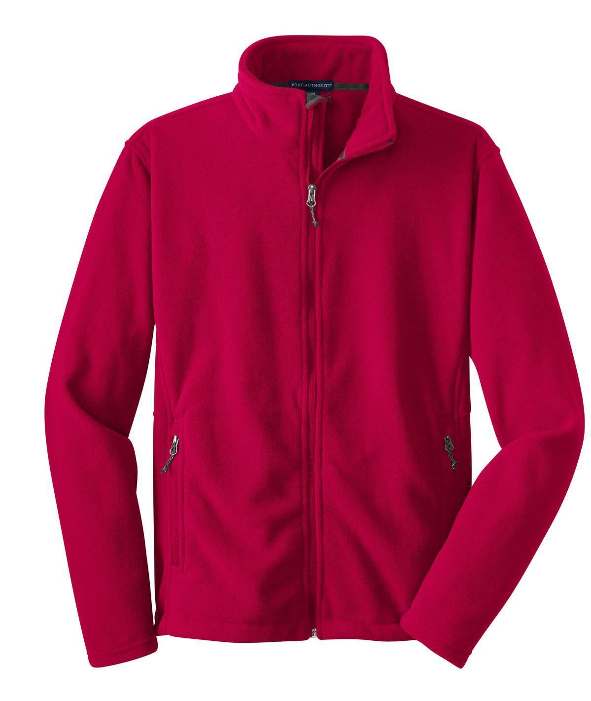 A red fleece jacket featuring a zippered front and side pockets, with an unspecified logo on the chest.