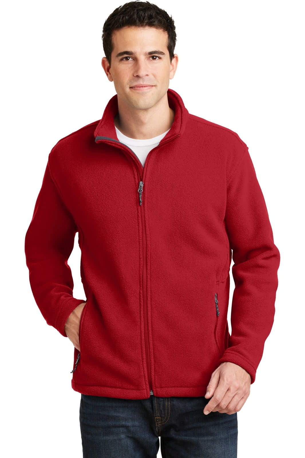 A red fleece jacket with a zip front and pockets, featuring a branding logo on the chest.