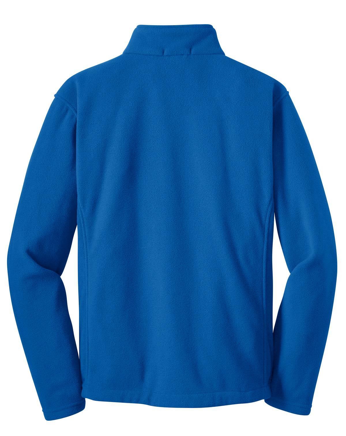 A blue fleece jacket with a stand-up collar and long sleeves, featuring a logo on the back.