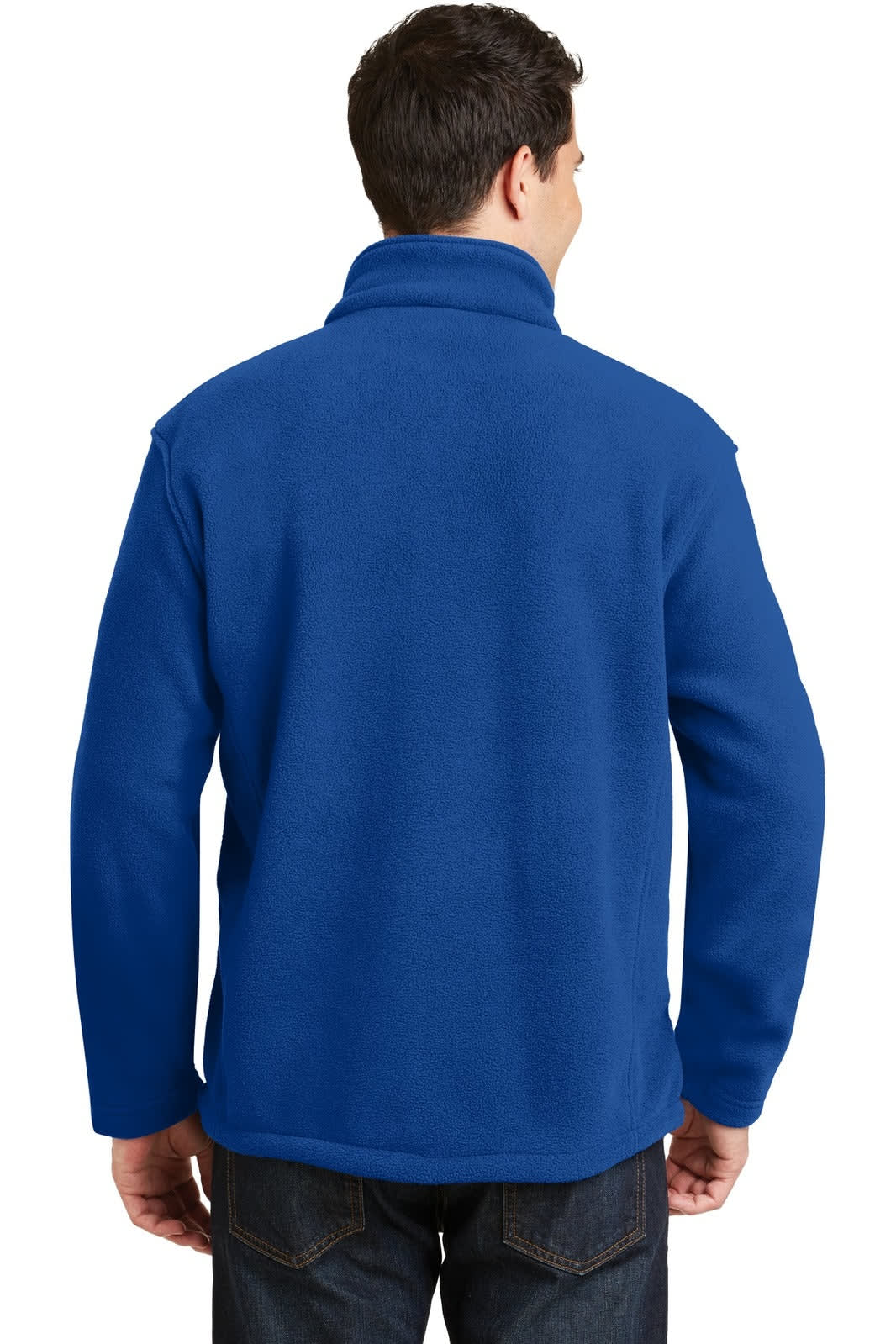 A blue fleece jacket featuring a high collar and a plain design, displayed from the back.