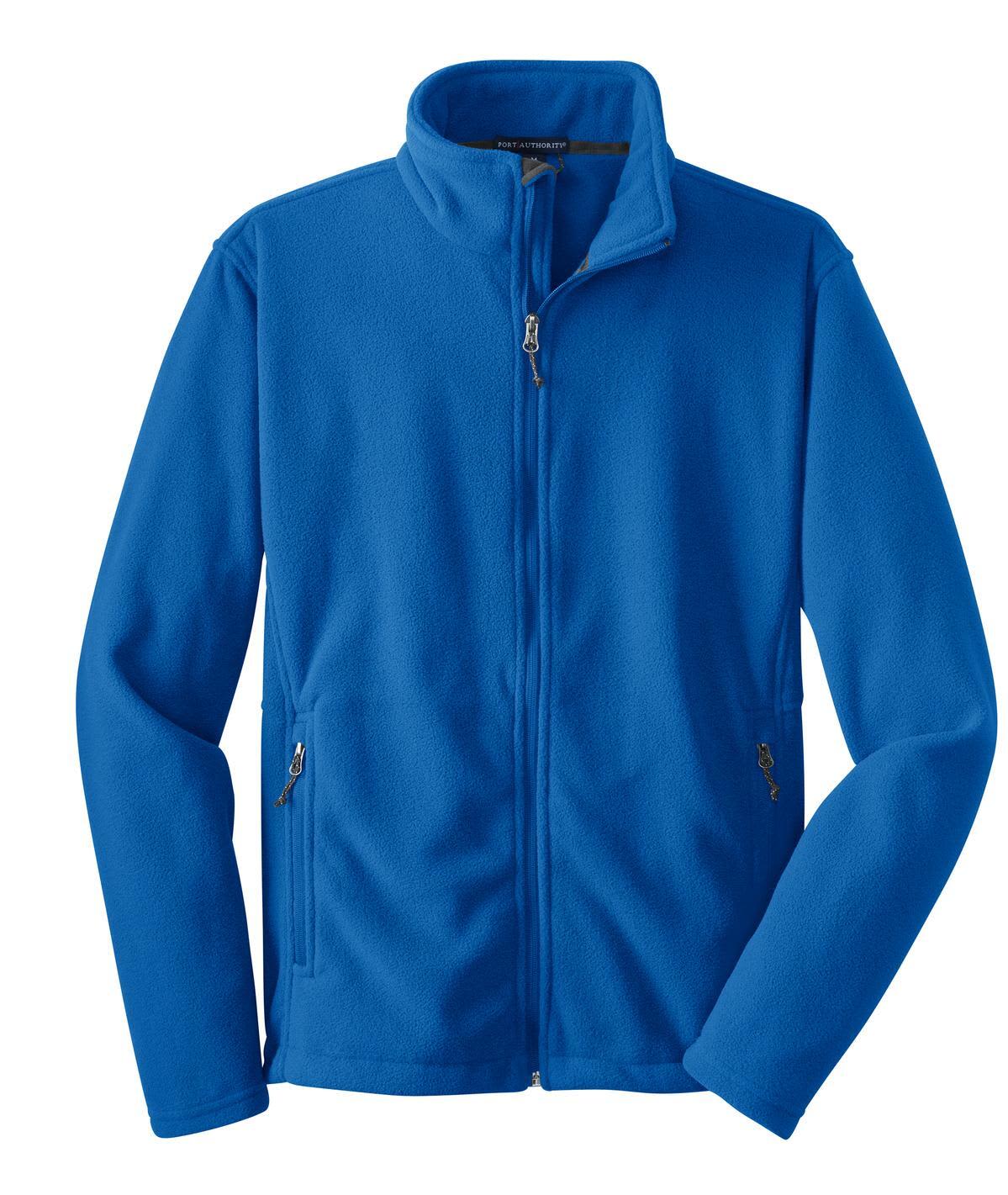 A blue fleece jacket featuring a zip front and side pockets, with a logo on the chest.