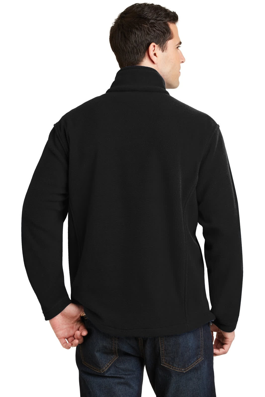 A black fleece 1/4-zip pullover viewed from the back, featuring a collar and a logo on the side.