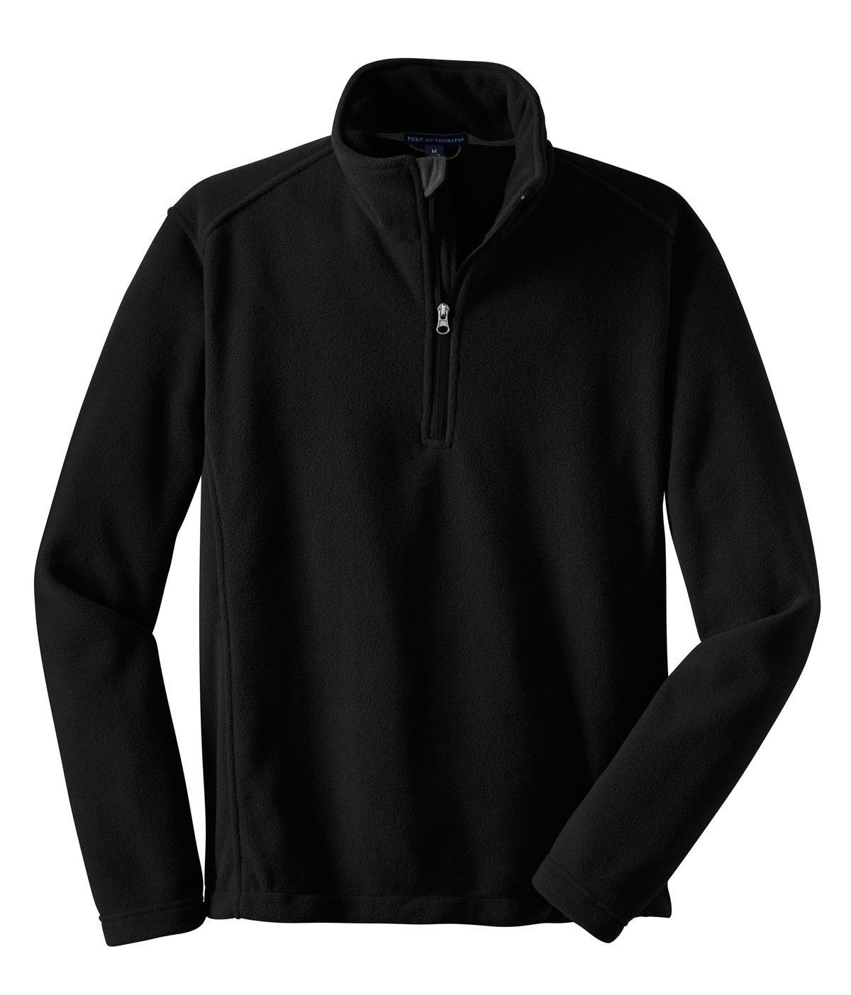 A black fleece 1/4-zip pullover with long sleeves and a branded logo on the side.