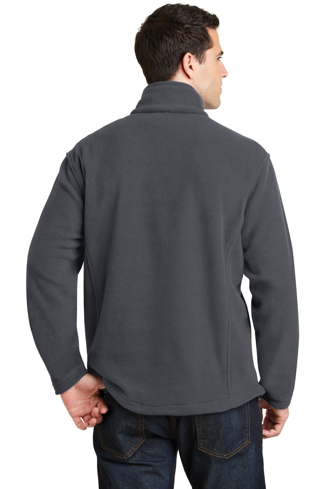 A grey fleece 1/4-zip pullover with a collar, featuring a branding logo.